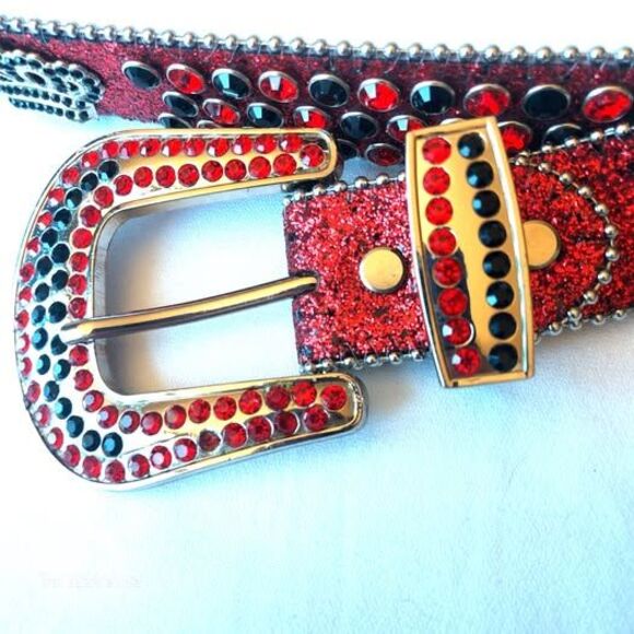 DNA PREMIUM WEAR WESTERN BELT RED BLACK RHINESTONE SILVER & GLITTER ACCENTS 43\
